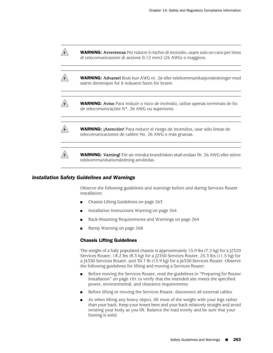 Juniper Networks J2320 manual Installation Safety Guidelines and Warnings, Chassis Lifting Guidelines 