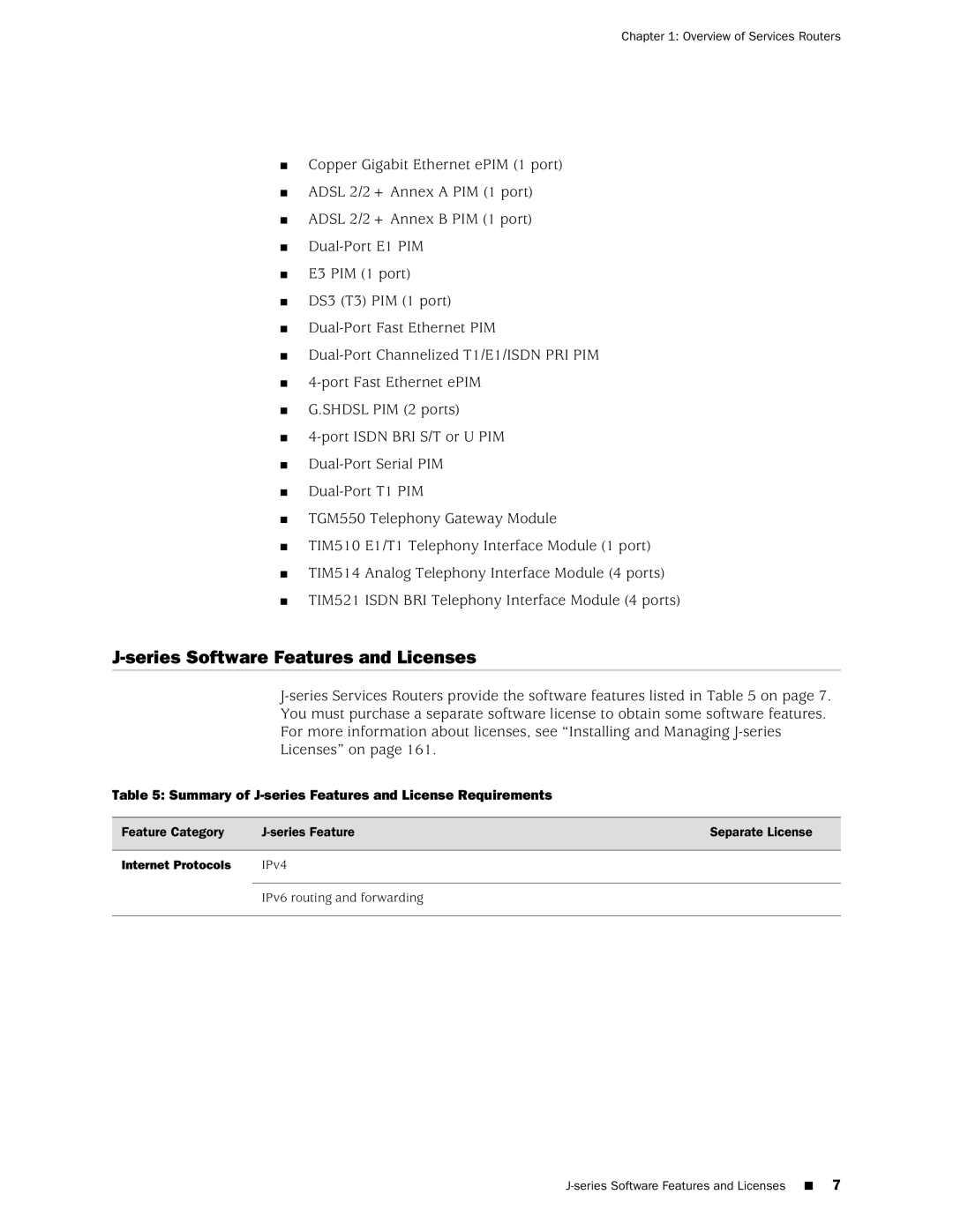 Juniper Networks J2320 manual Series Software Features and Licenses, Summary of J-series Features and License Requirements 