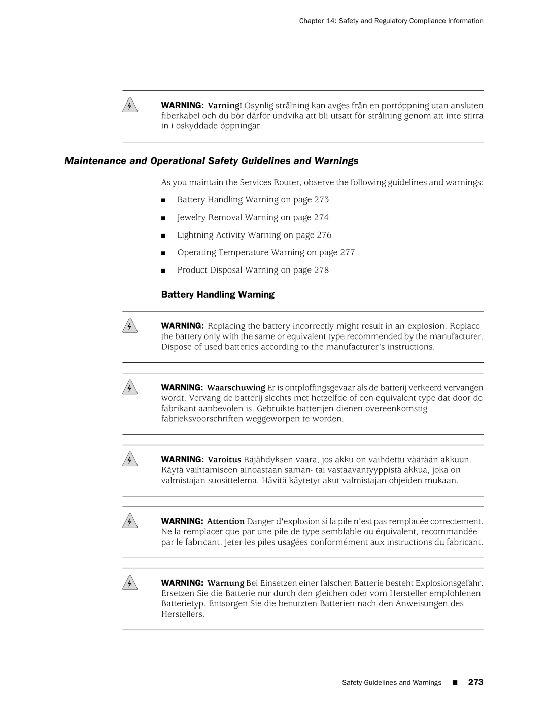 Juniper Networks J2320 manual Maintenance and Operational Safety Guidelines and Warnings, Battery Handling Warning 