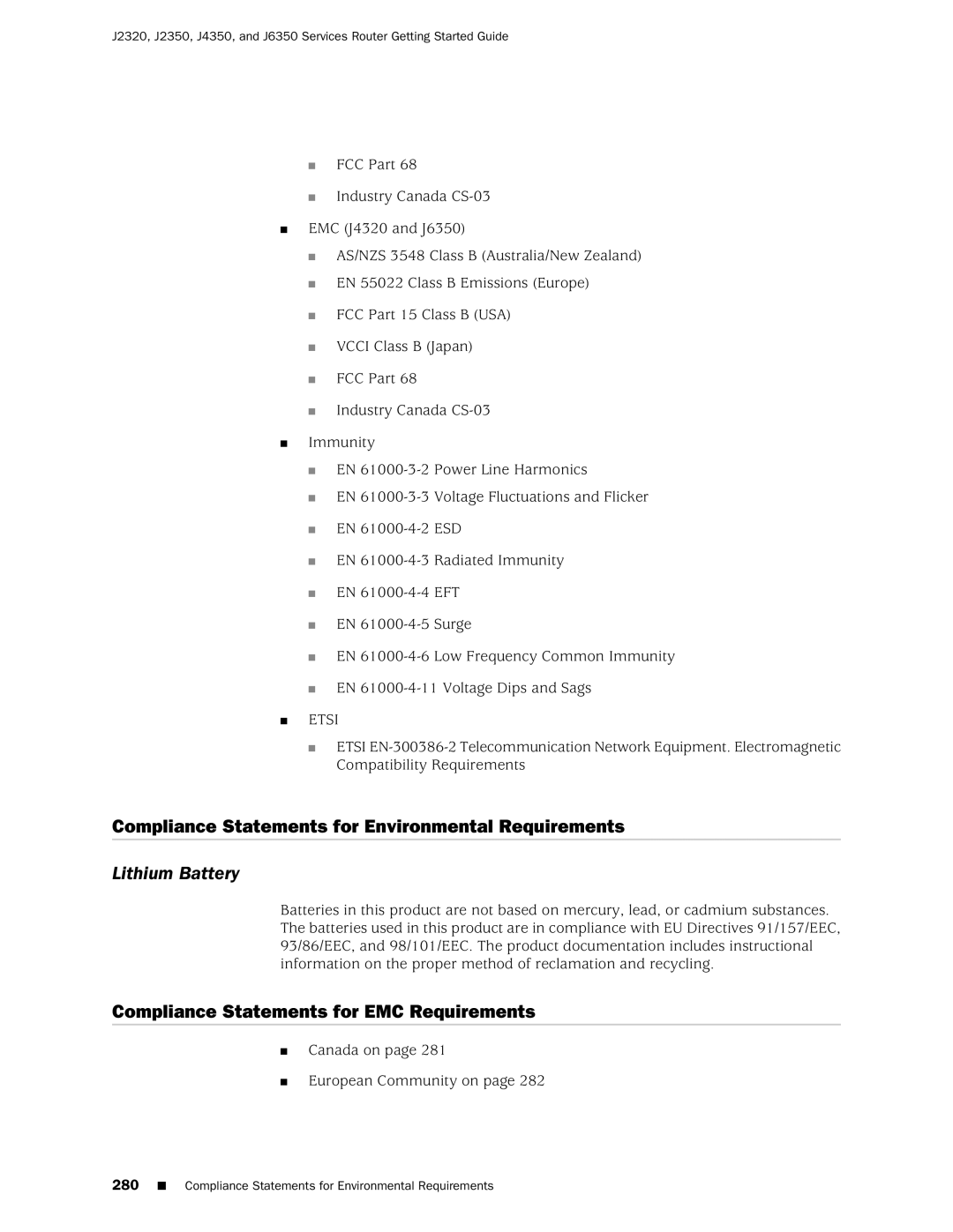 Juniper Networks J2320 manual Compliance Statements for Environmental Requirements, Lithium Battery 