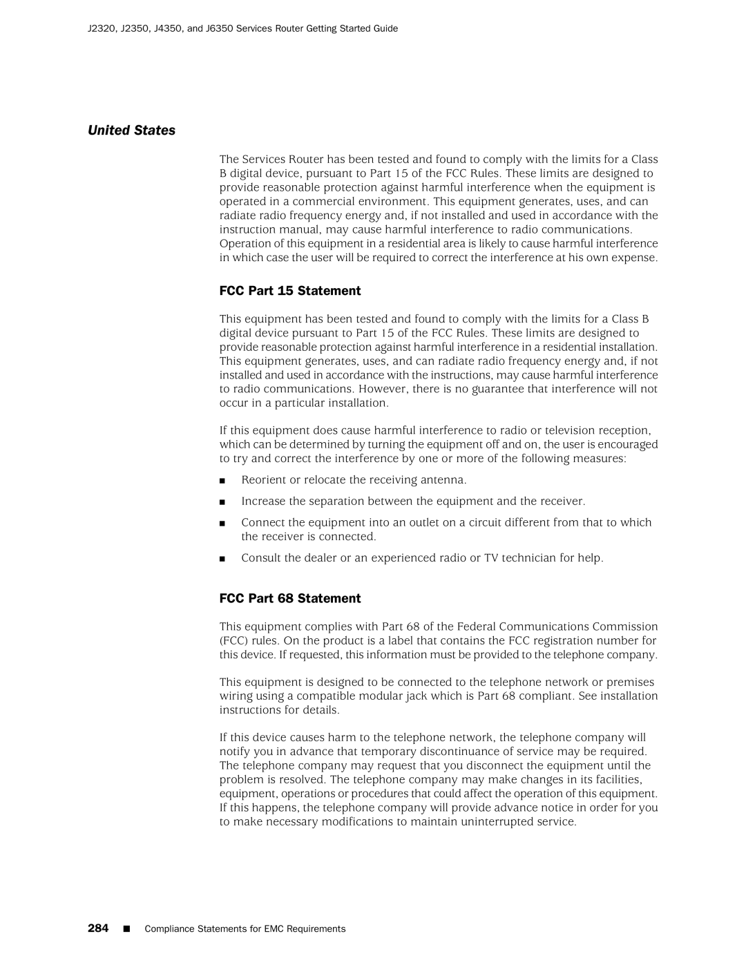 Juniper Networks J2320 manual United States, FCC Part 15 Statement, FCC Part 68 Statement 