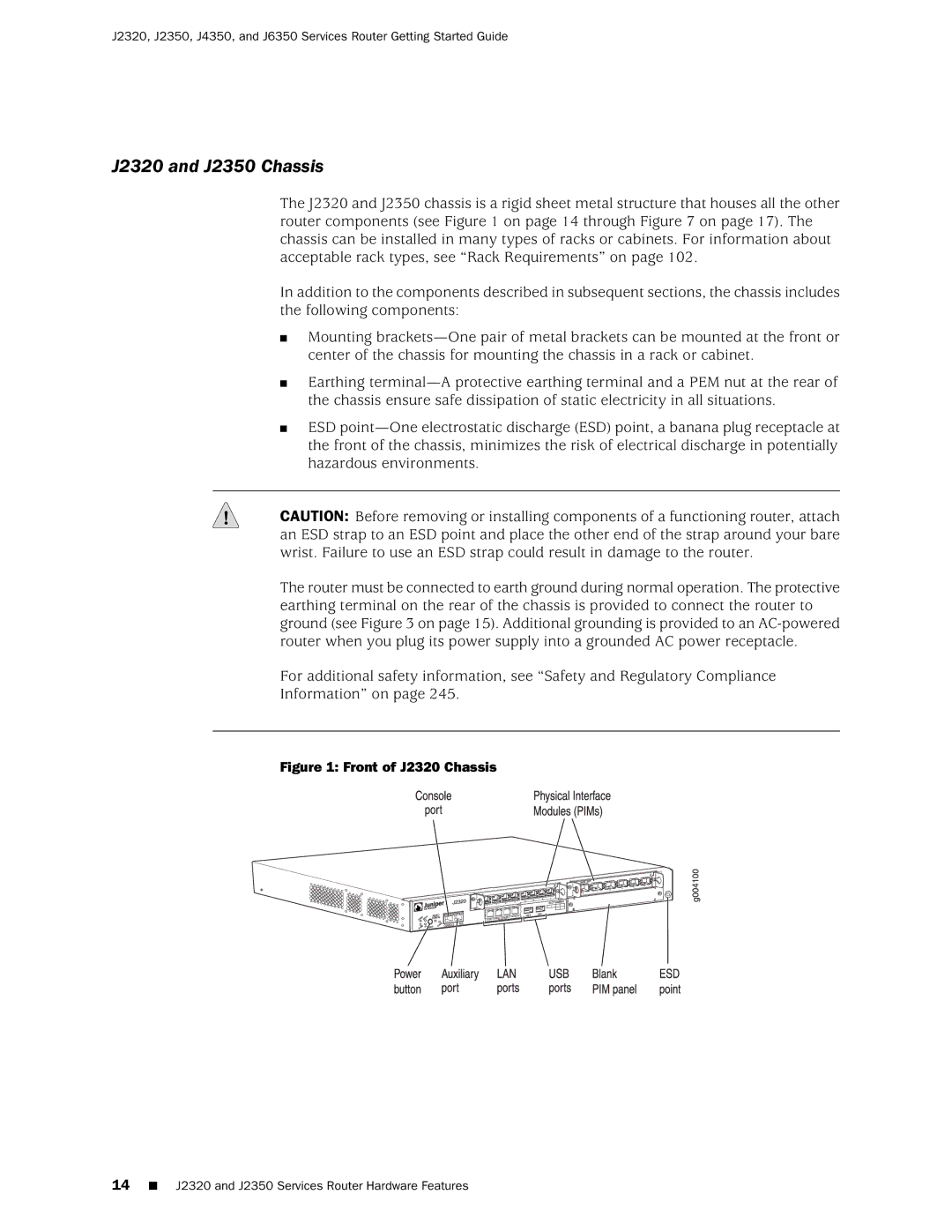 Juniper Networks manual J2320 and J2350 Chassis, 14 J2320 and J2350 Services Router Hardware Features 