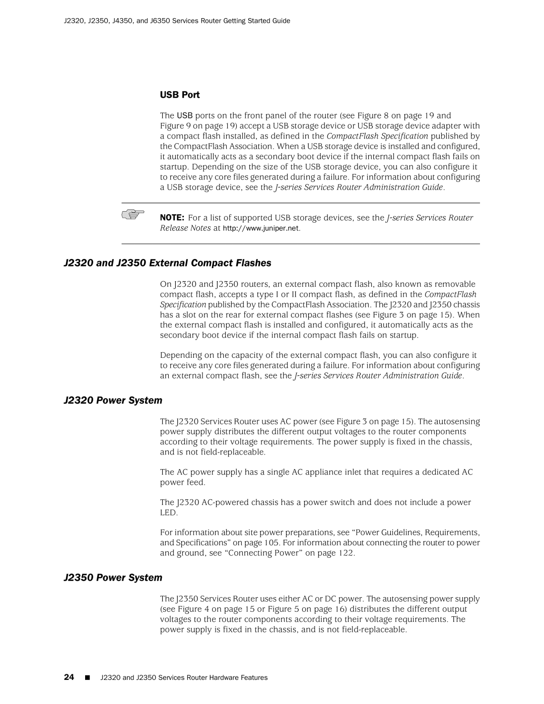 Juniper Networks manual J2320 and J2350 External Compact Flashes, J2320 Power System, J2350 Power System, USB Port 