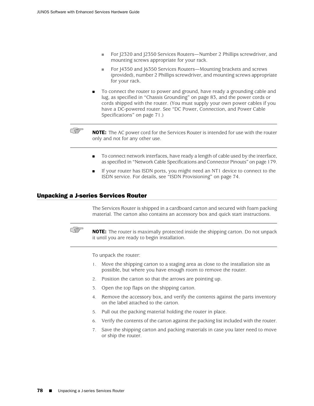 Juniper Networks J2350 manual Unpacking a J-series Services Router 