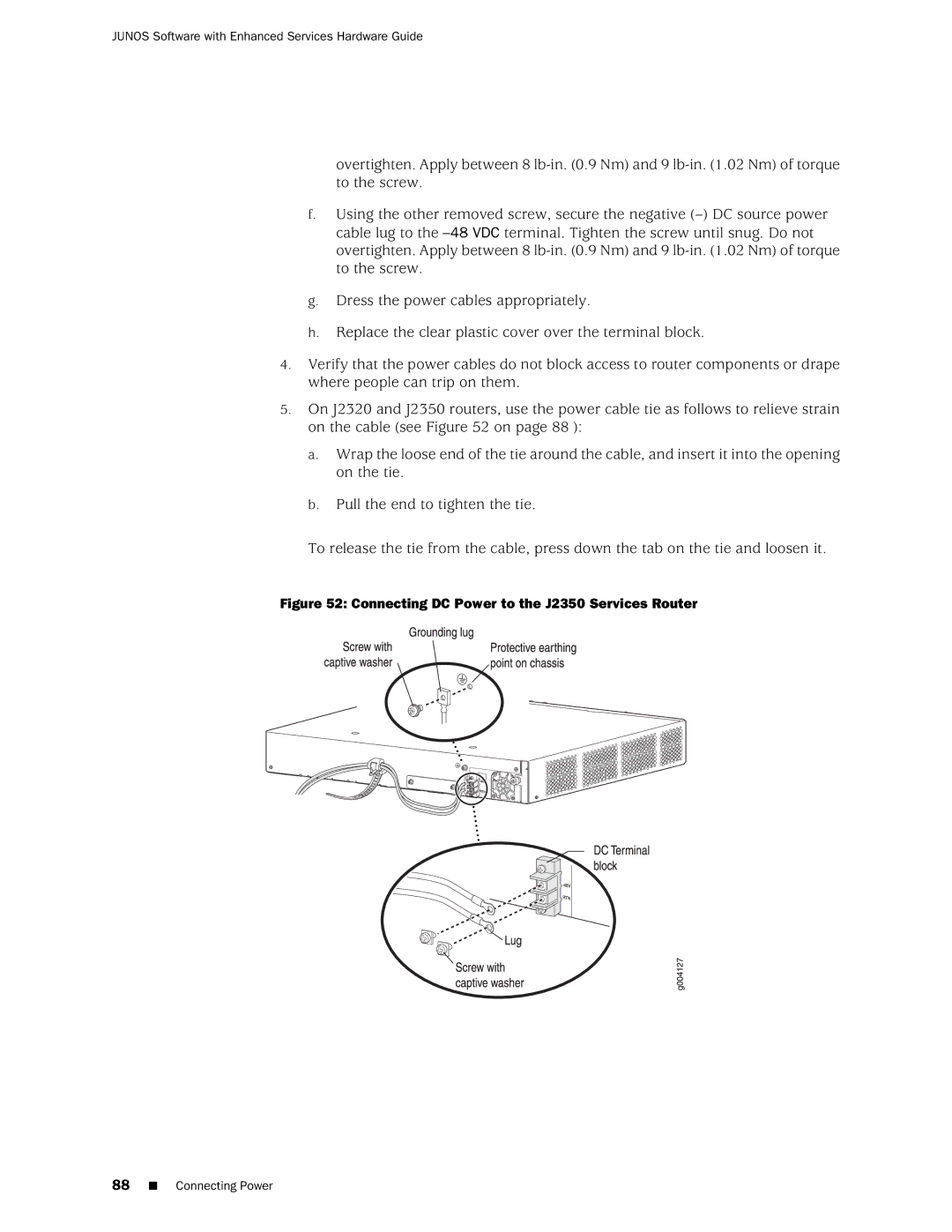 Juniper Networks manual Connecting DC Power to the J2350 Services Router 