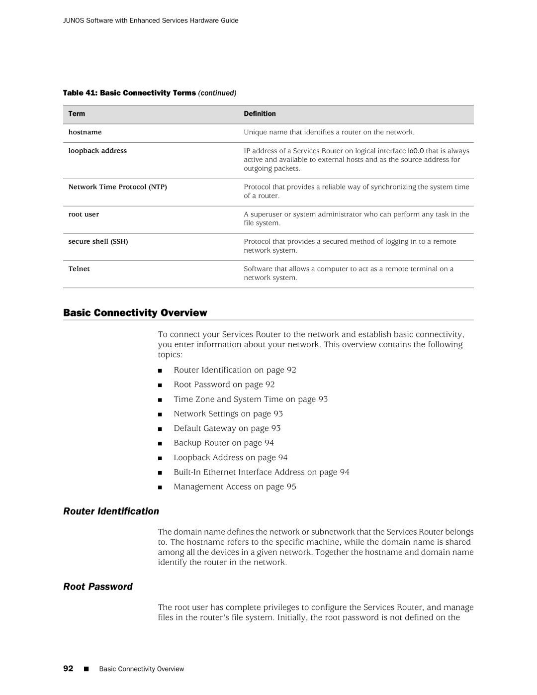 Juniper Networks J2350 manual Basic Connectivity Overview, Router Identification, Root Password 