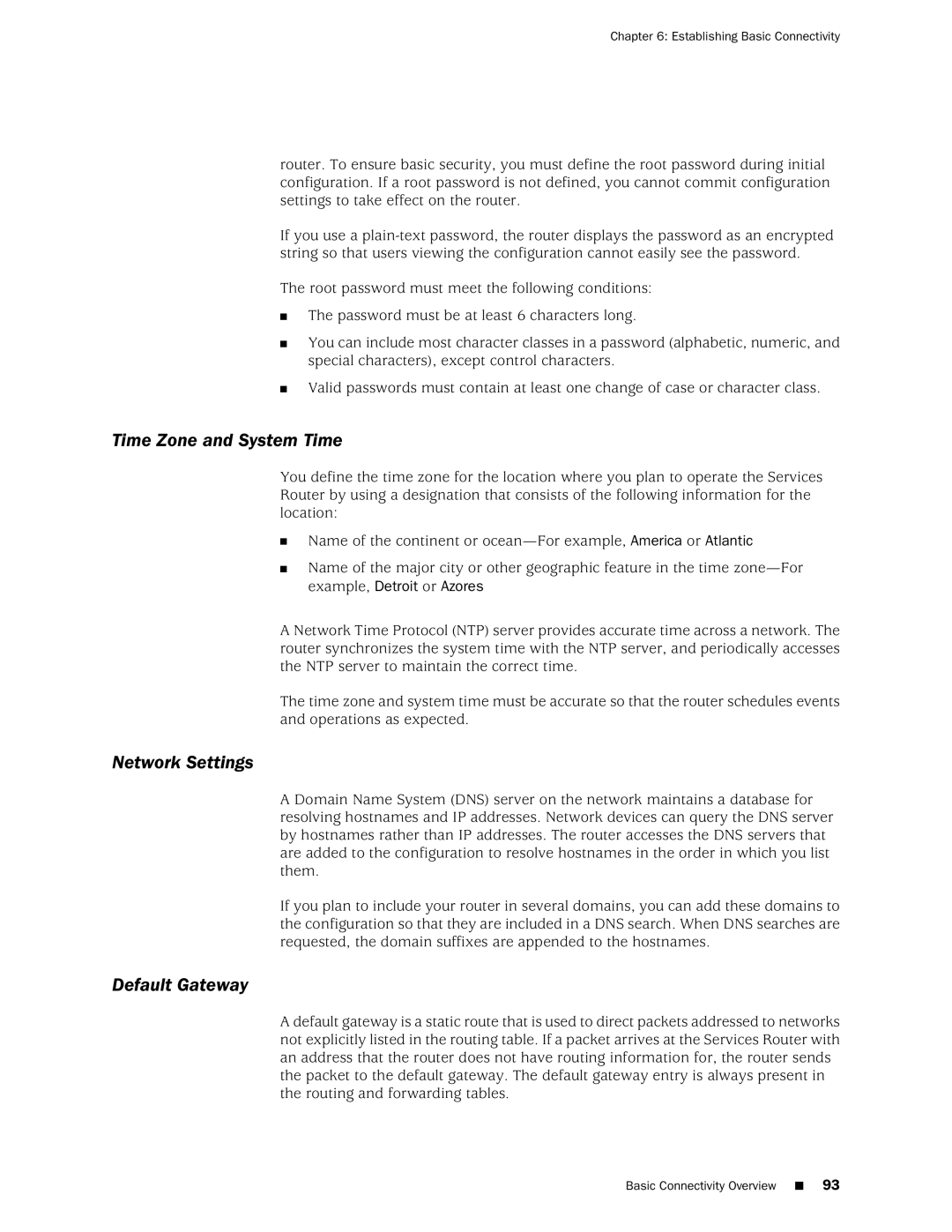 Juniper Networks J2350 manual Time Zone and System Time, Network Settings, Default Gateway, Establishing Basic Connectivity 