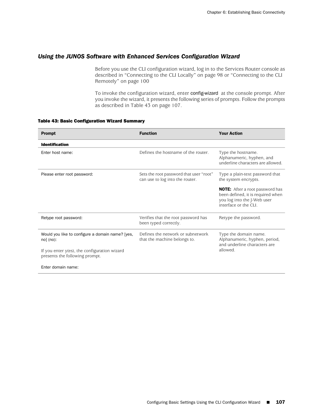 Juniper Networks J2350 manual Basic Configuration Wizard Summary, Prompt Function Your Action, Enter host name 