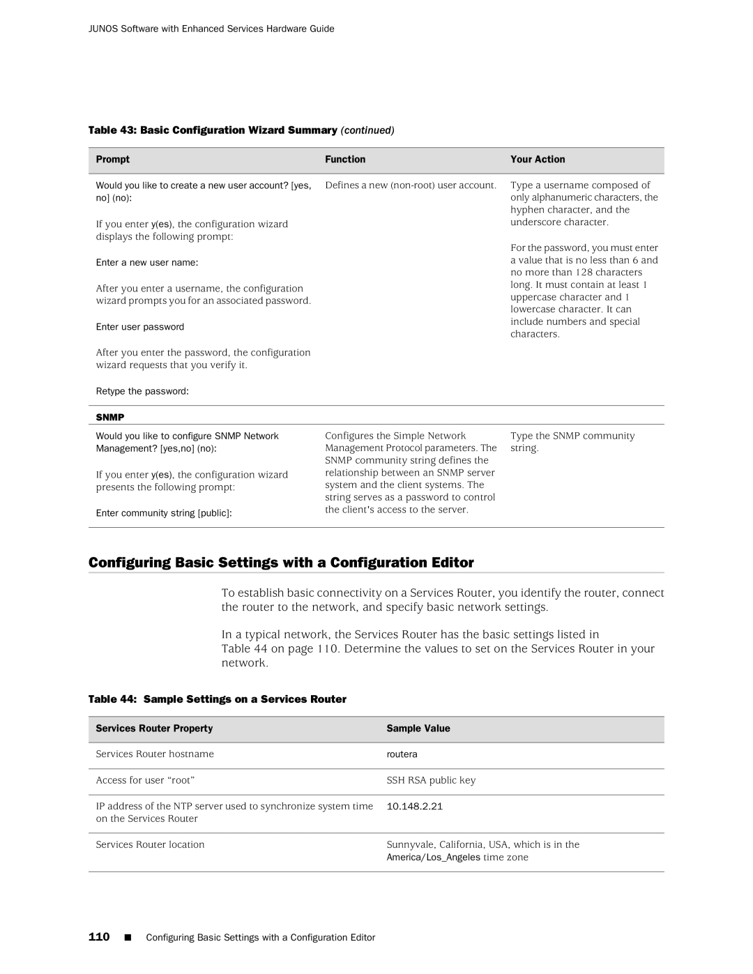 Juniper Networks J2350 manual Configuring Basic Settings with a Configuration Editor, Sample Settings on a Services Router 