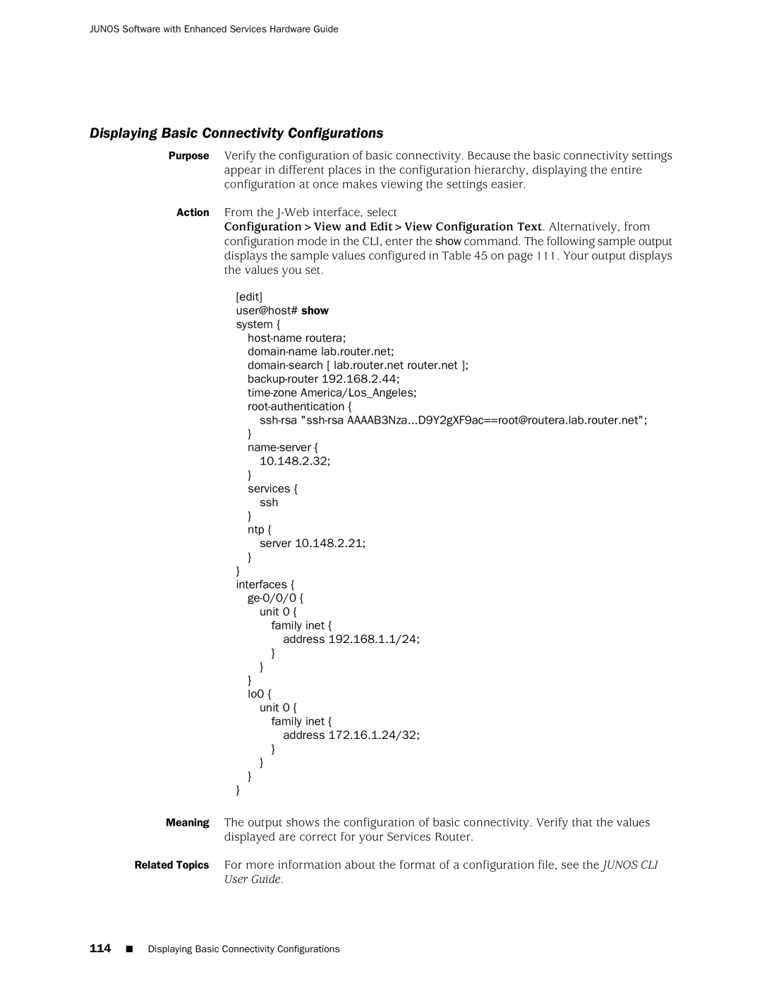 Juniper Networks J2350 manual Displaying Basic Connectivity Configurations 