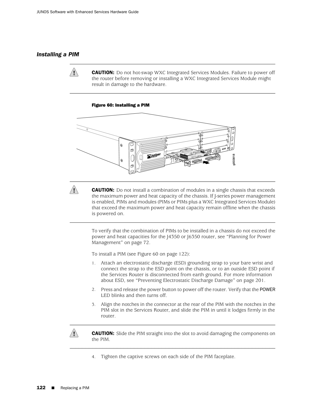 Juniper Networks J2350 manual Installing a PIM 