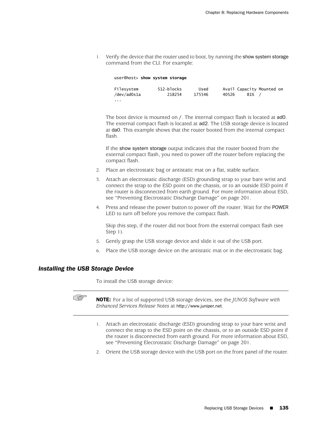 Juniper Networks J2350 manual Installing the USB Storage Device 