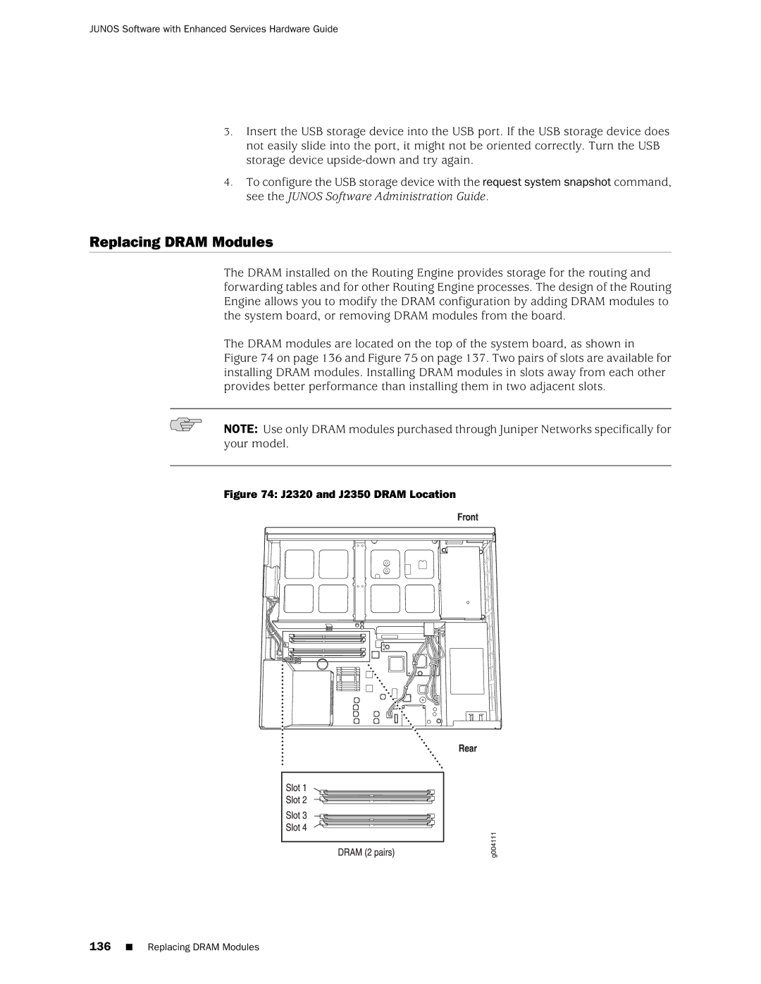 Juniper Networks J2350 manual Replacing Dram Modules 