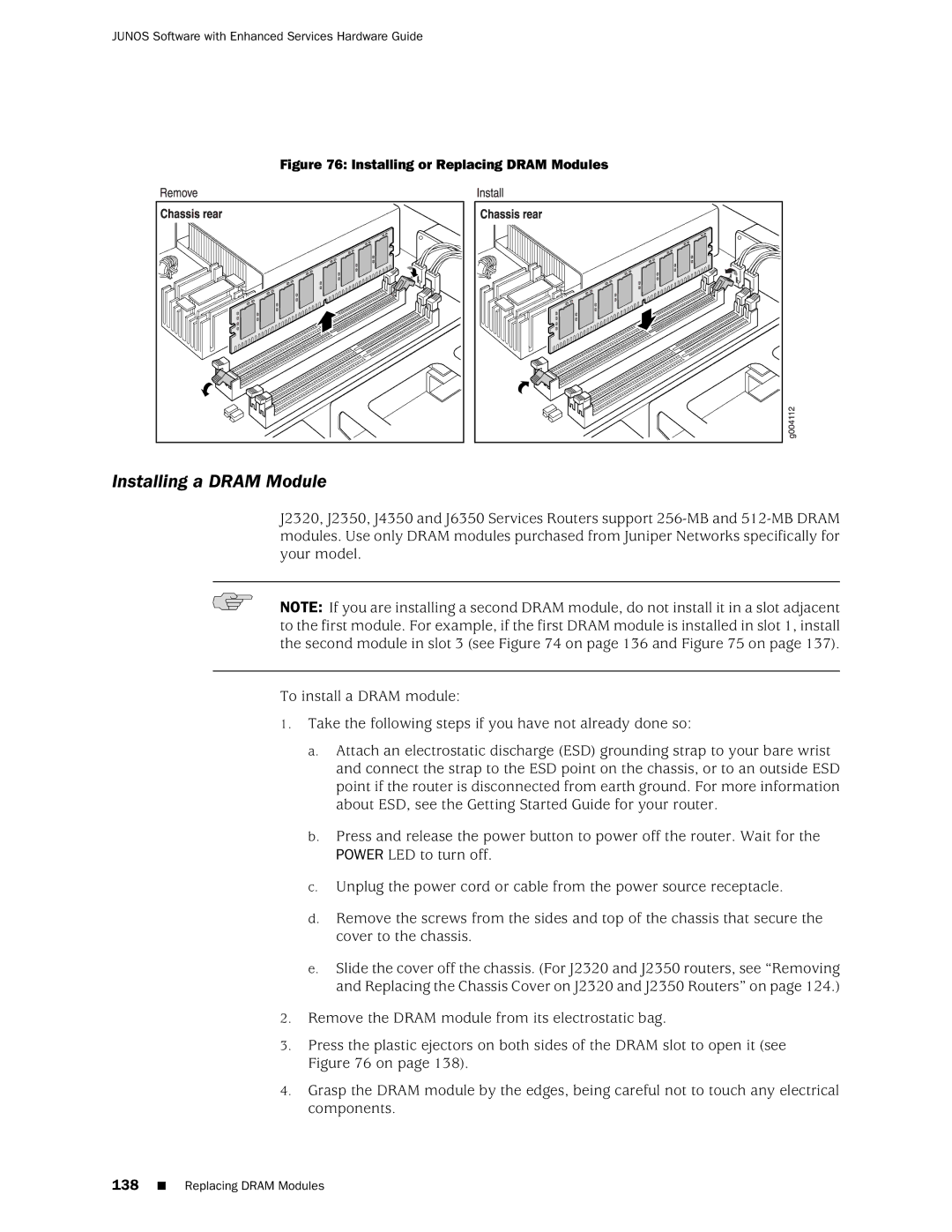 Juniper Networks J2350 manual Installing a Dram Module, Installing or Replacing Dram Modules 