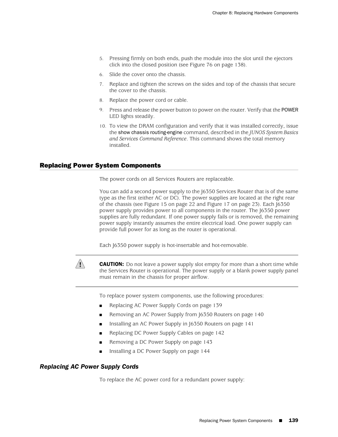 Juniper Networks J2350 manual Replacing Power System Components, Replacing AC Power Supply Cords 