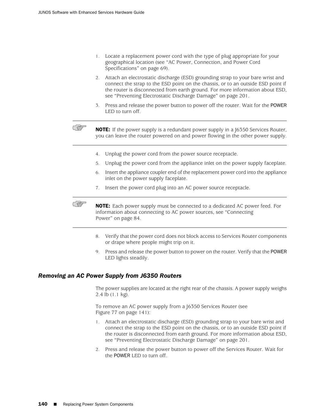 Juniper Networks J2350 manual Removing an AC Power Supply from J6350 Routers 