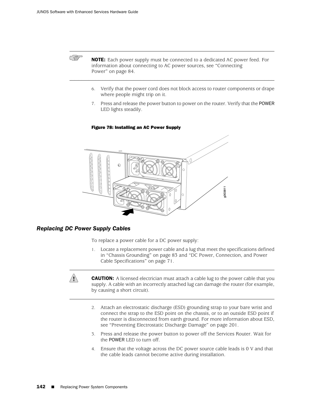 Juniper Networks J2350 manual Replacing DC Power Supply Cables, Installing an AC Power Supply 