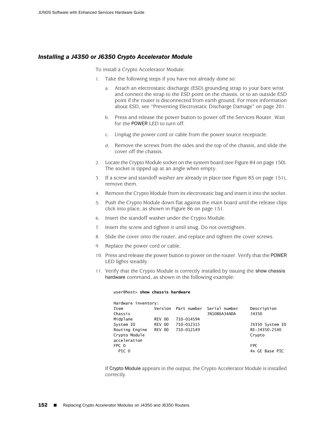 Juniper Networks J2350 manual Installing a J4350 or J6350 Crypto Accelerator Module 