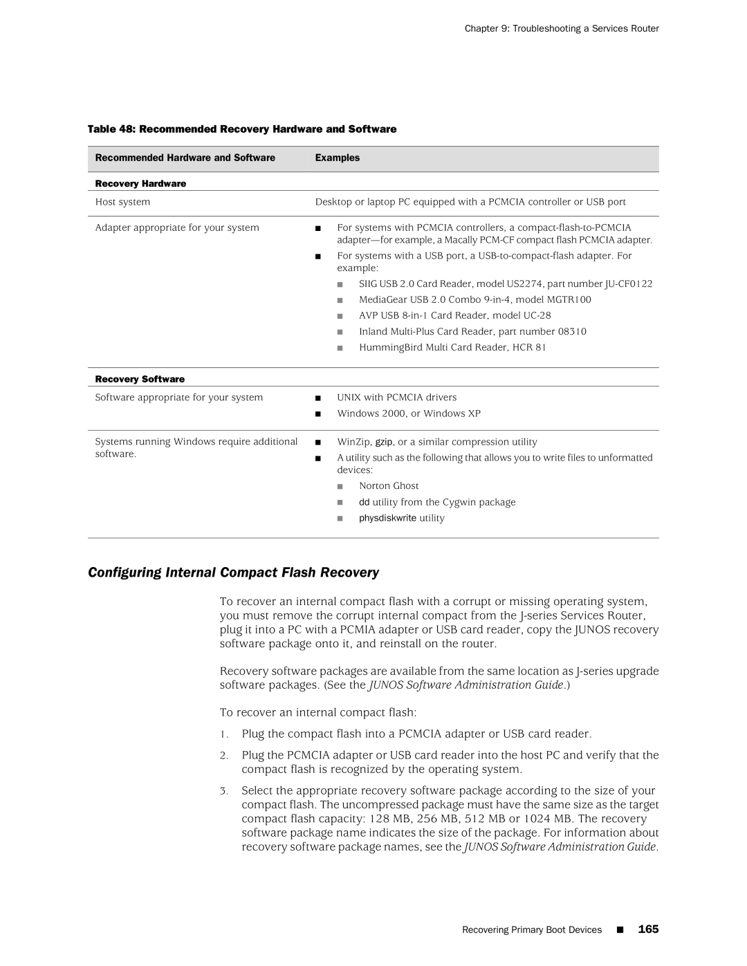 Juniper Networks J2350 manual Configuring Internal Compact Flash Recovery, Recommended Recovery Hardware and Software 