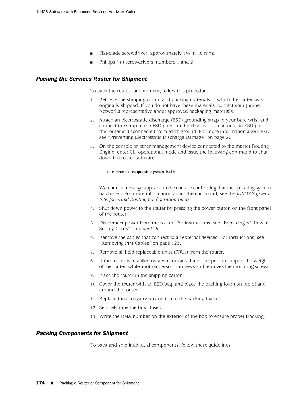 Juniper Networks J2350 manual Packing the Services Router for Shipment, Packing Components for Shipment 