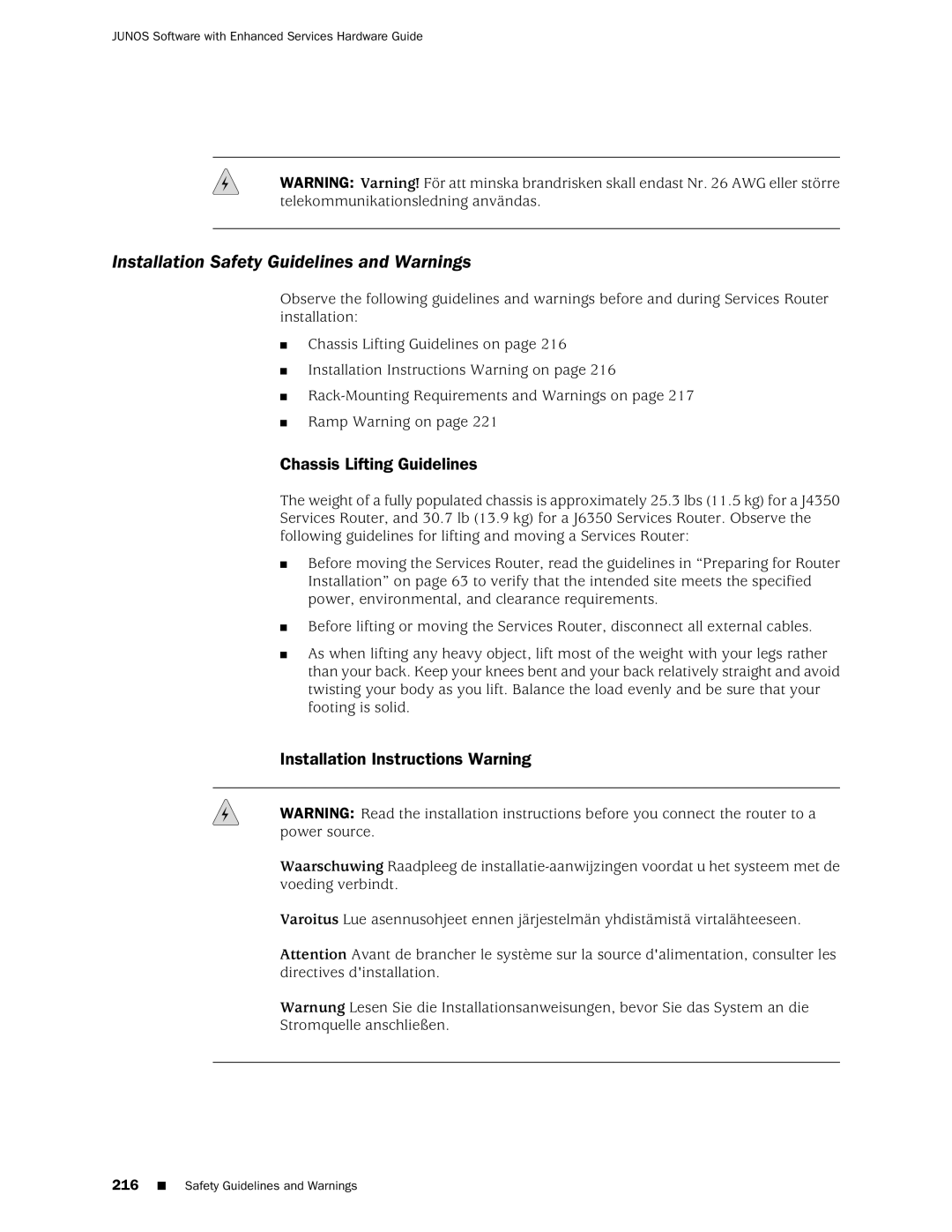 Juniper Networks J2350 manual Installation Safety Guidelines and Warnings, Chassis Lifting Guidelines 