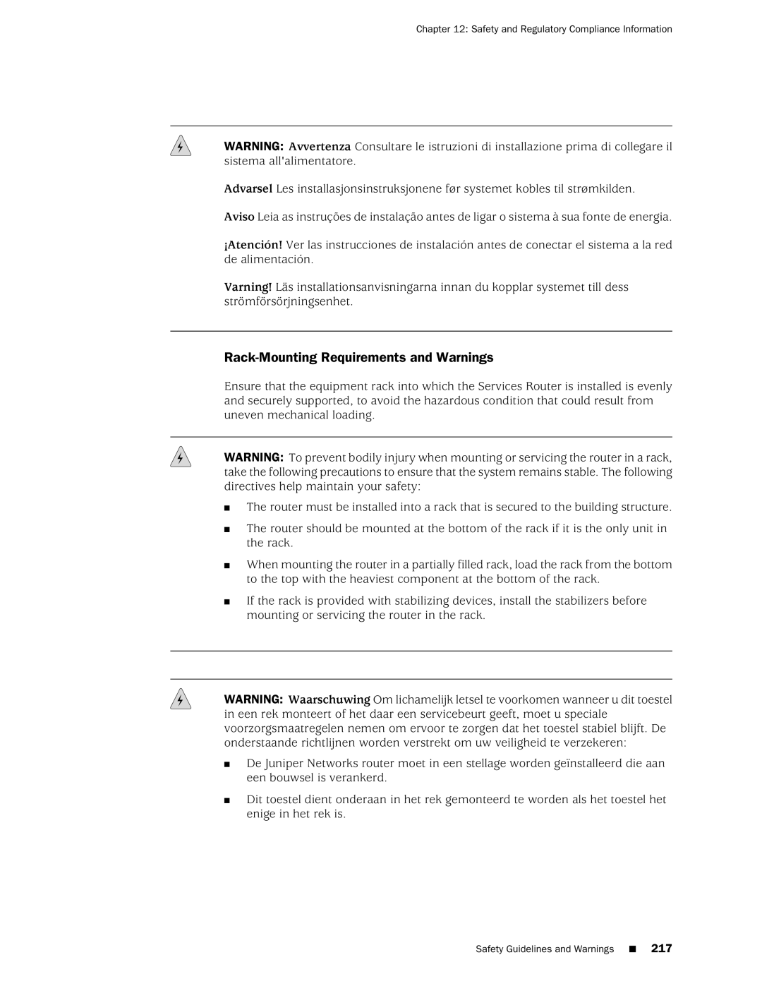 Juniper Networks J2350 manual Rack-Mounting Requirements and Warnings 