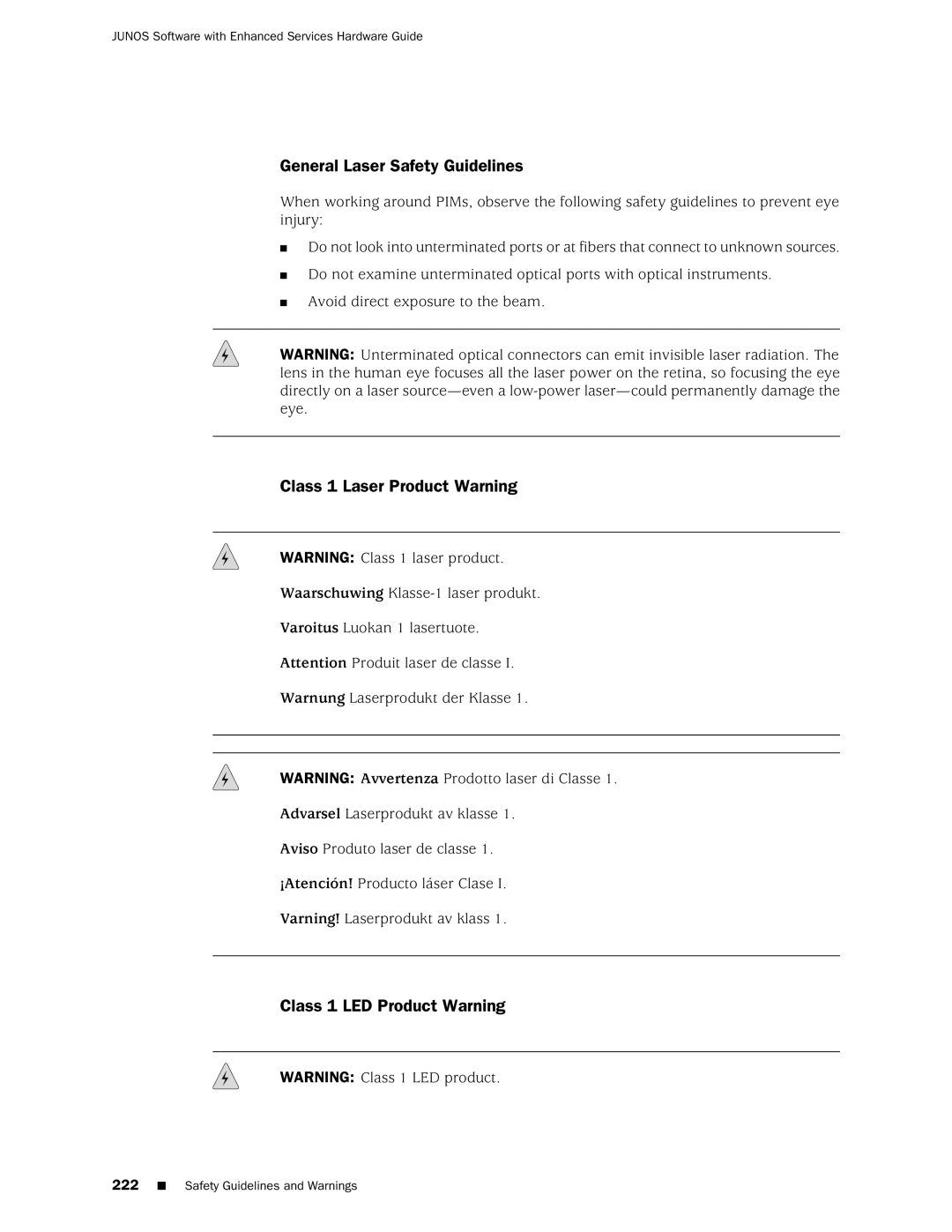 Juniper Networks J2350 manual General Laser Safety Guidelines, Class 1 Laser Product Warning, Class 1 LED Product Warning 