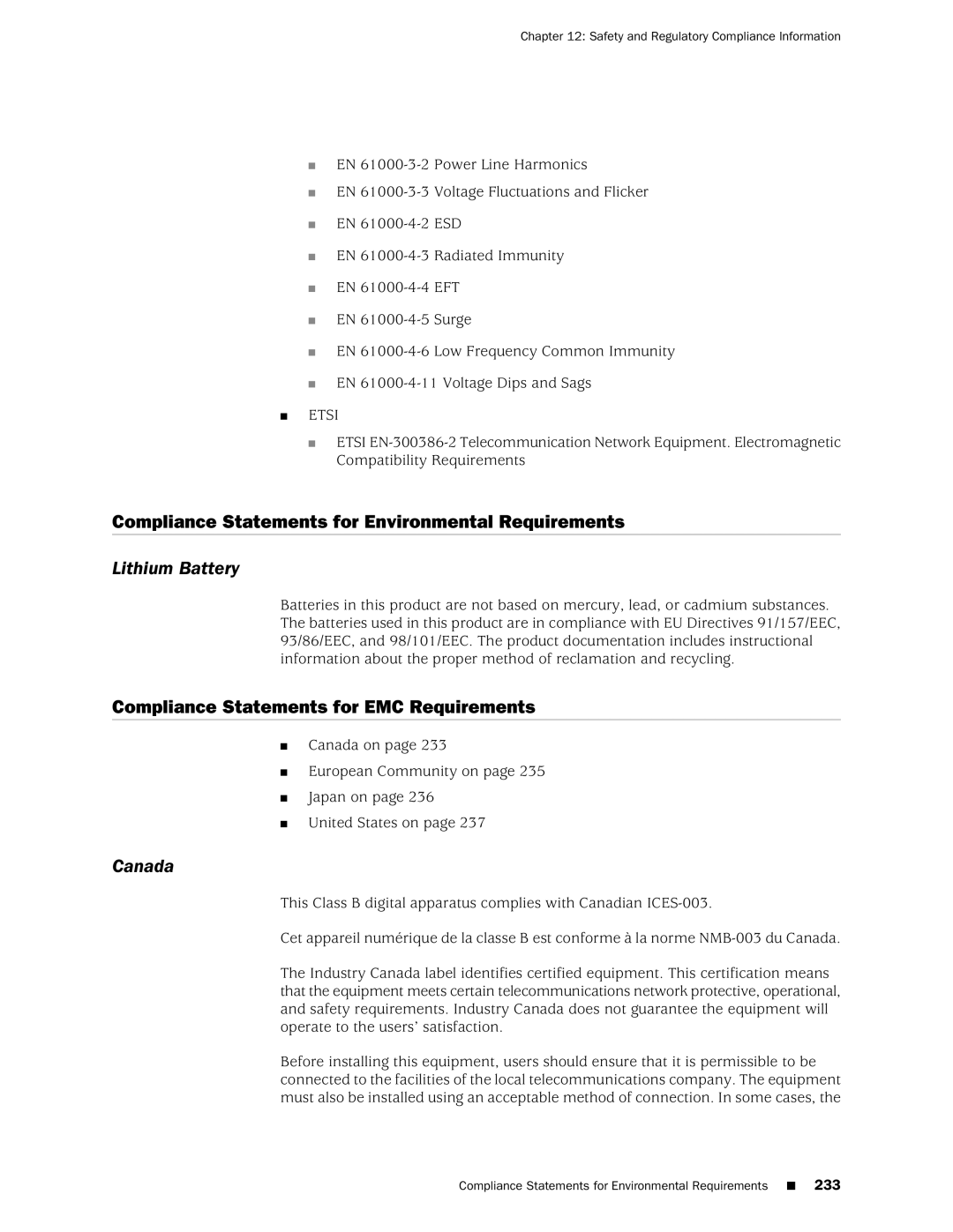 Juniper Networks J2350 manual Compliance Statements for Environmental Requirements, Lithium Battery, Canada 