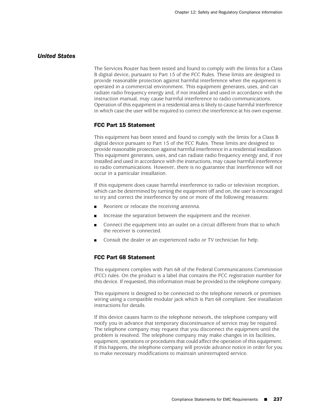 Juniper Networks J2350 manual United States, FCC Part 15 Statement, FCC Part 68 Statement 