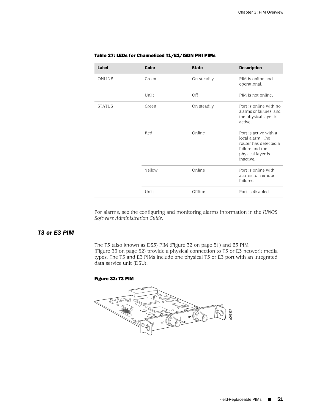 Juniper Networks J2350 manual T3 or E3 PIM, LEDs for Channelized T1/E1/ISDN PRI PIMs, Label Color State Description 