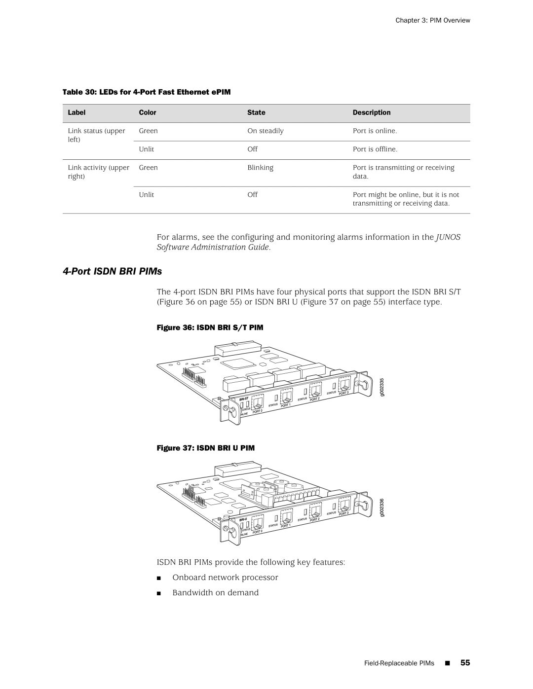 Juniper Networks J2350 manual Port Isdn BRI PIMs, LEDs for 4-Port Fast Ethernet ePIM 