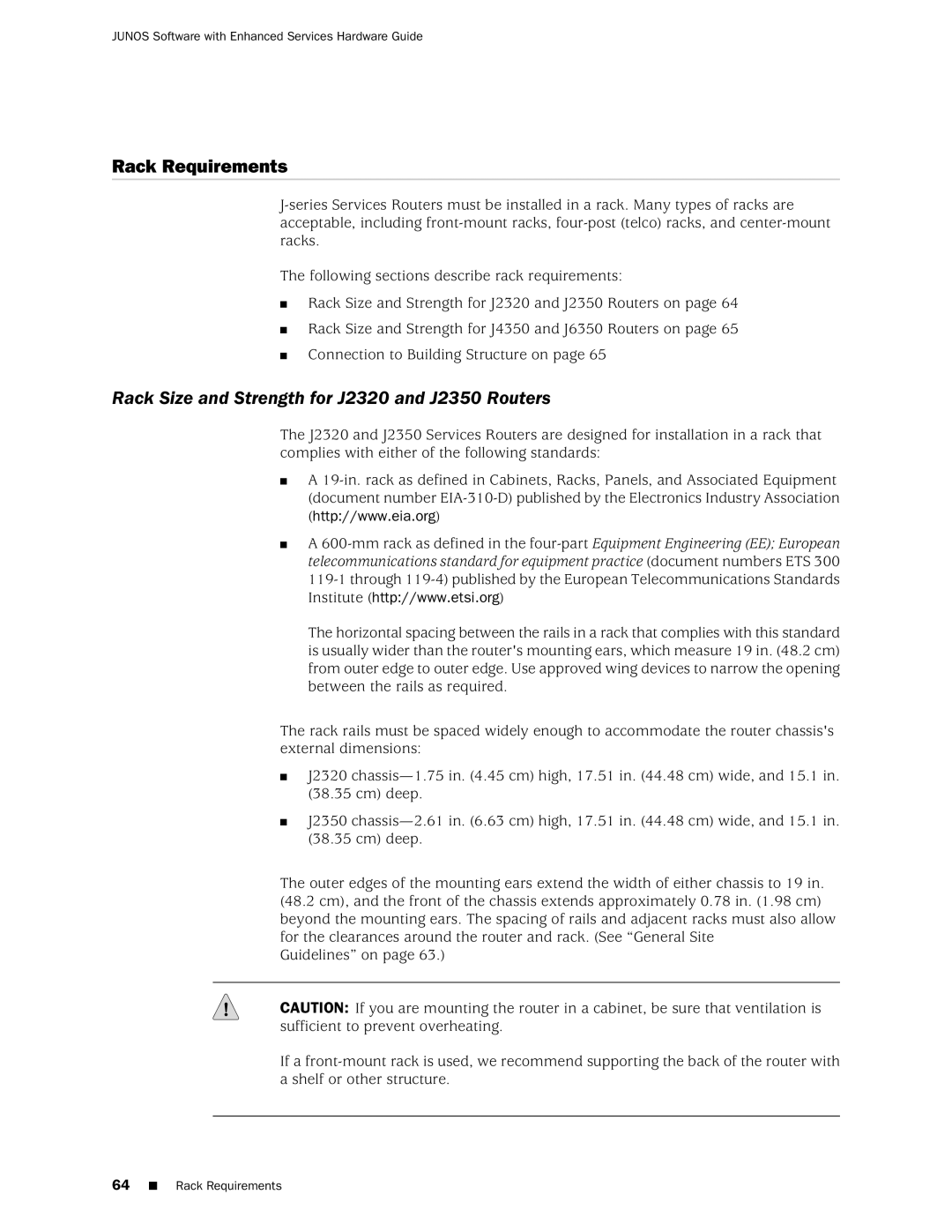 Juniper Networks manual Rack Requirements, Rack Size and Strength for J2320 and J2350 Routers 