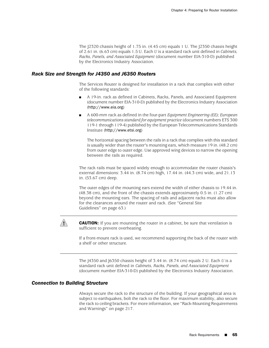 Juniper Networks J2350 manual Rack Size and Strength for J4350 and J6350 Routers, Connection to Building Structure 