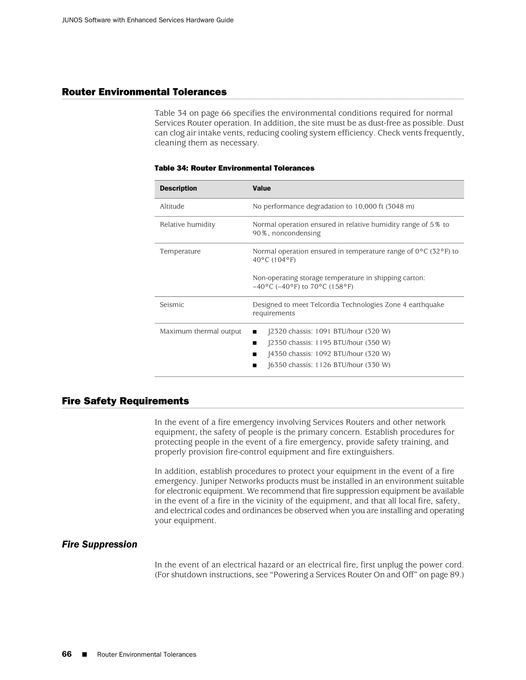 Juniper Networks J2350 manual Router Environmental Tolerances, Fire Safety Requirements, Fire Suppression 