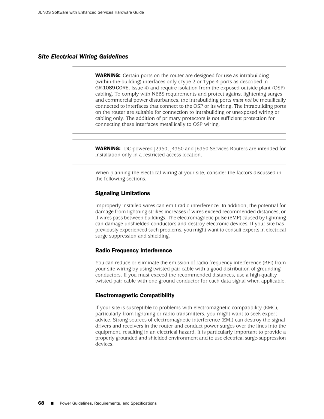 Juniper Networks J2350 manual Site Electrical Wiring Guidelines, Signaling Limitations, Radio Frequency Interference 