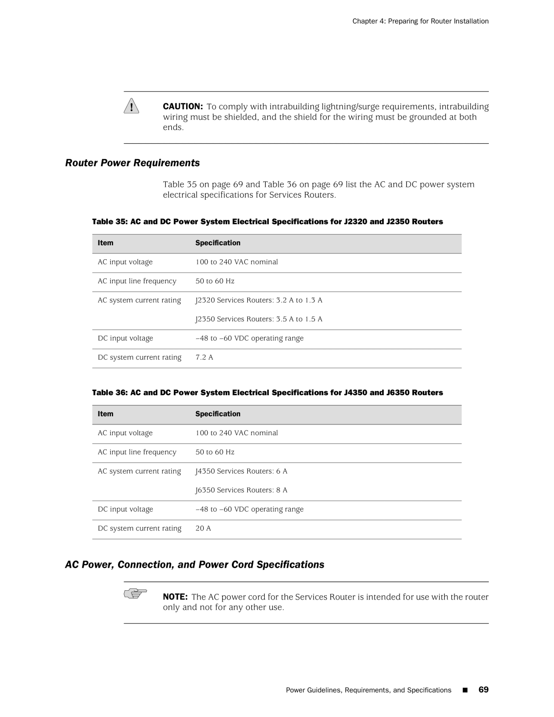 Juniper Networks J2350 manual Router Power Requirements, AC Power, Connection, and Power Cord Specifications 