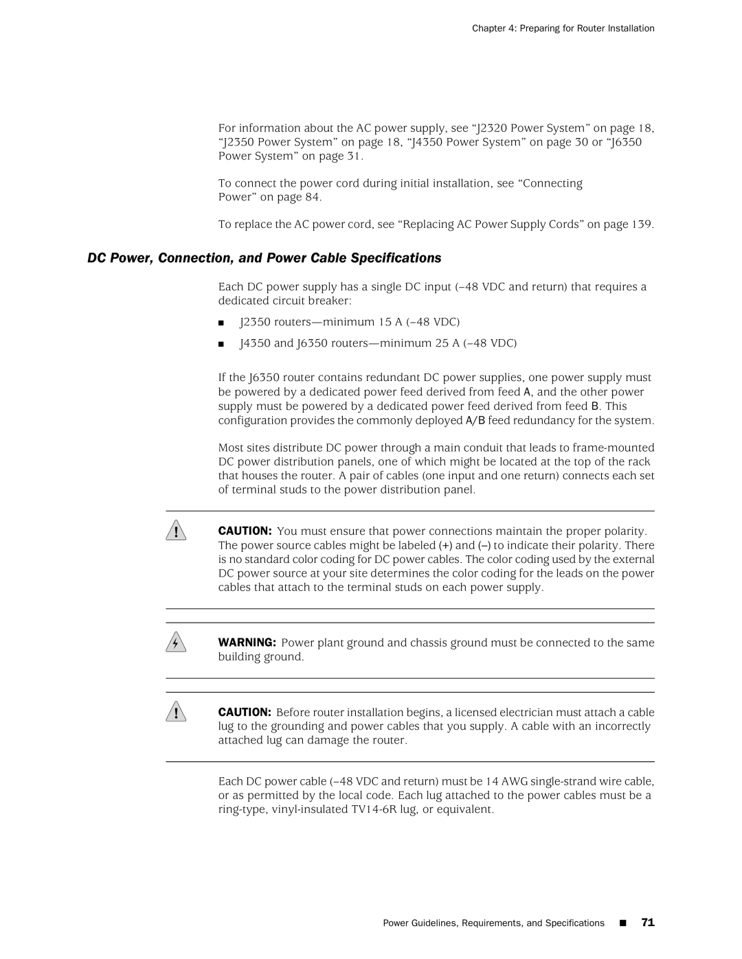 Juniper Networks J2350 manual DC Power, Connection, and Power Cable Specifications 