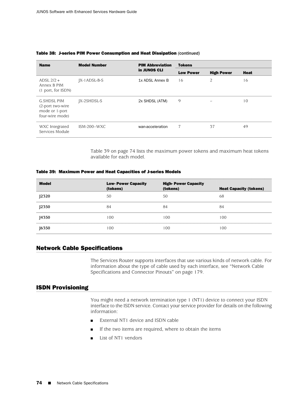 Juniper Networks J2350 manual Network Cable Specifications, Isdn Provisioning 