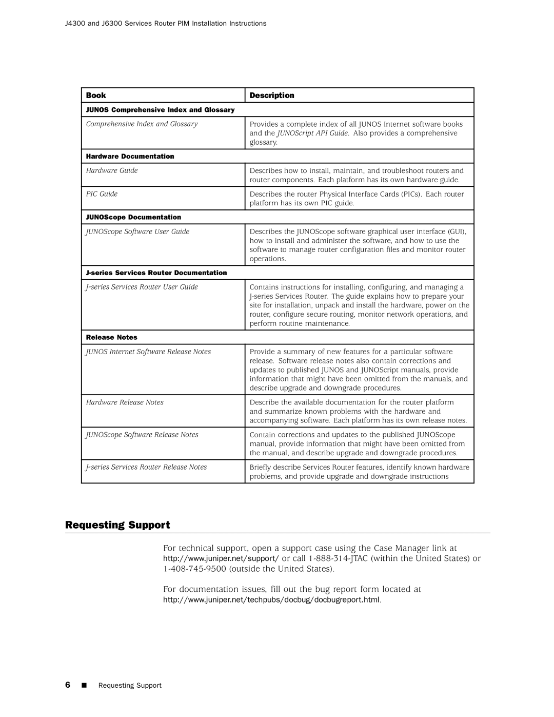 Juniper Networks J4300, J6300 installation instructions Requesting Support 