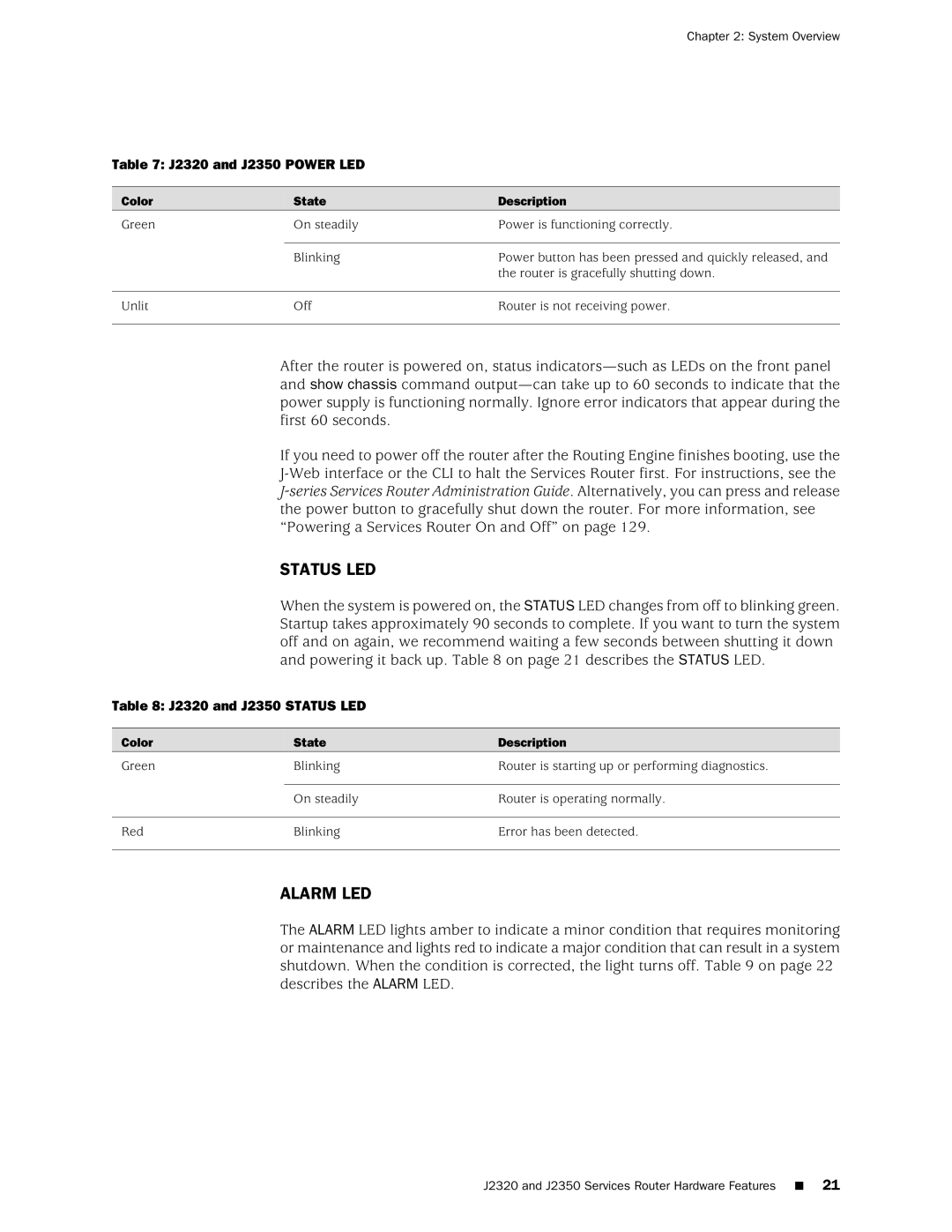 Juniper Networks J4350, J6350 manual J2320 and J2350 Power LED, J2320 and J2350 Status LED, Color State Description 