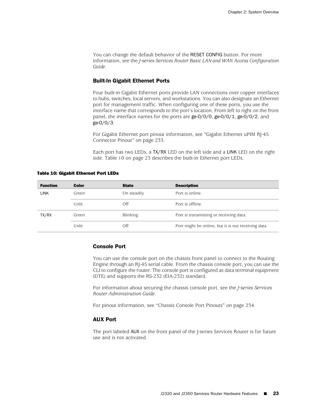 Juniper Networks J4350, J6350 manual Built-In Gigabit Ethernet Ports, Console Port, AUX Port, Gigabit Ethernet Port LEDs 