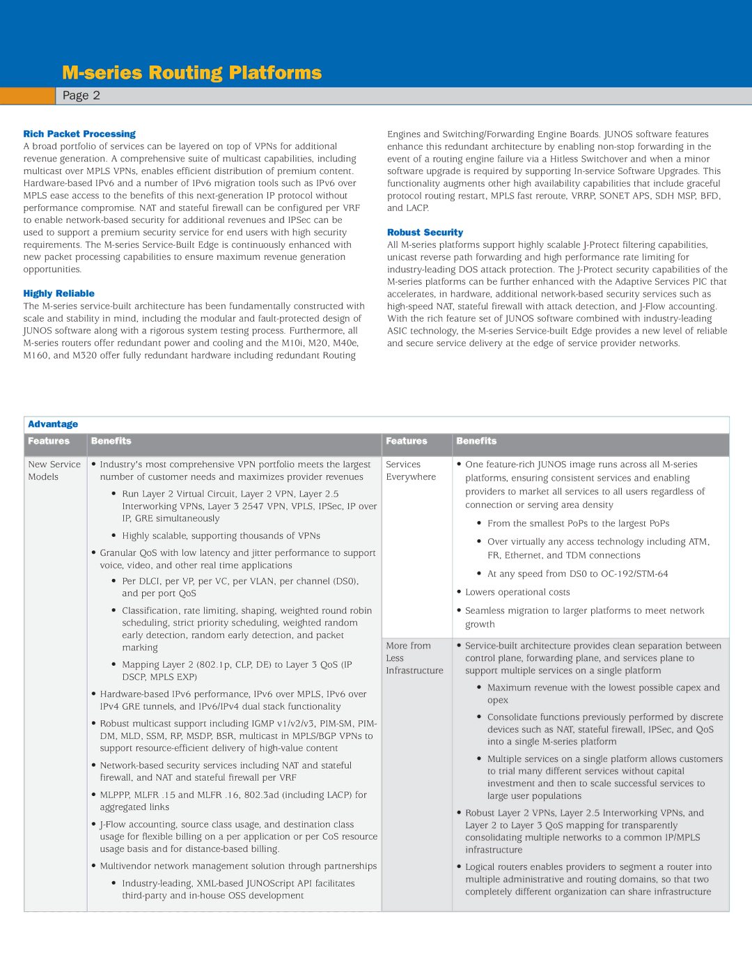 Juniper Networks M-Series manual Rich Packet Processing, Highly Reliable, Robust Security, Advantage, Features Benefits 