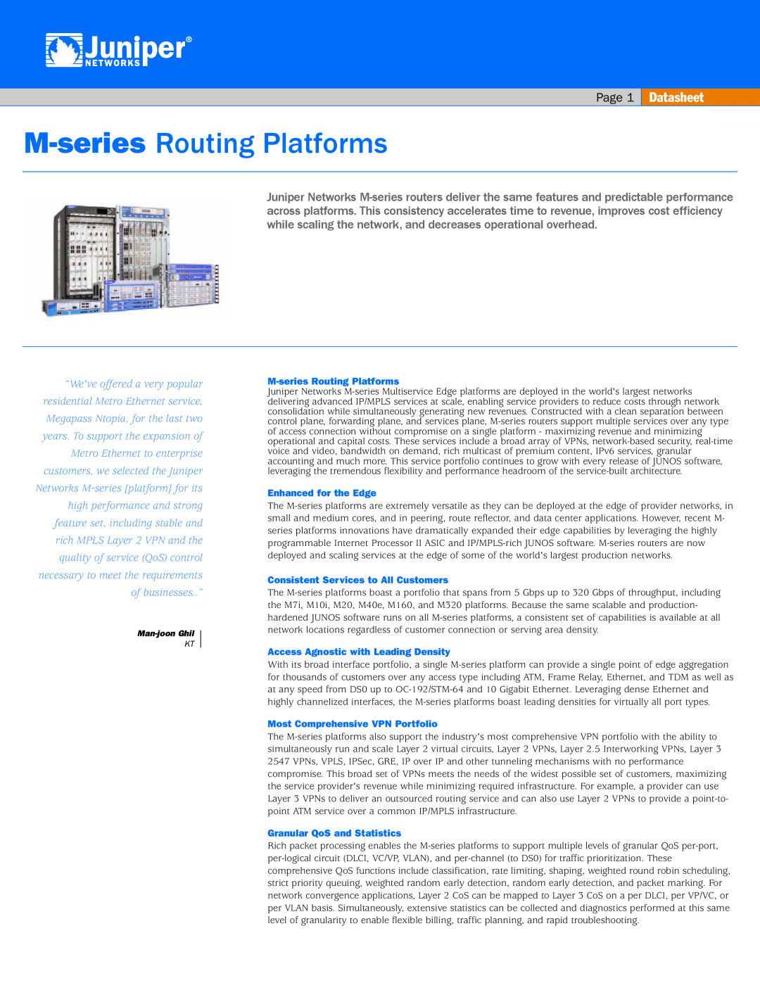Juniper Networks M-Series manual Datasheet, Page, M-series Routing Platforms, Enhanced for the Edge 