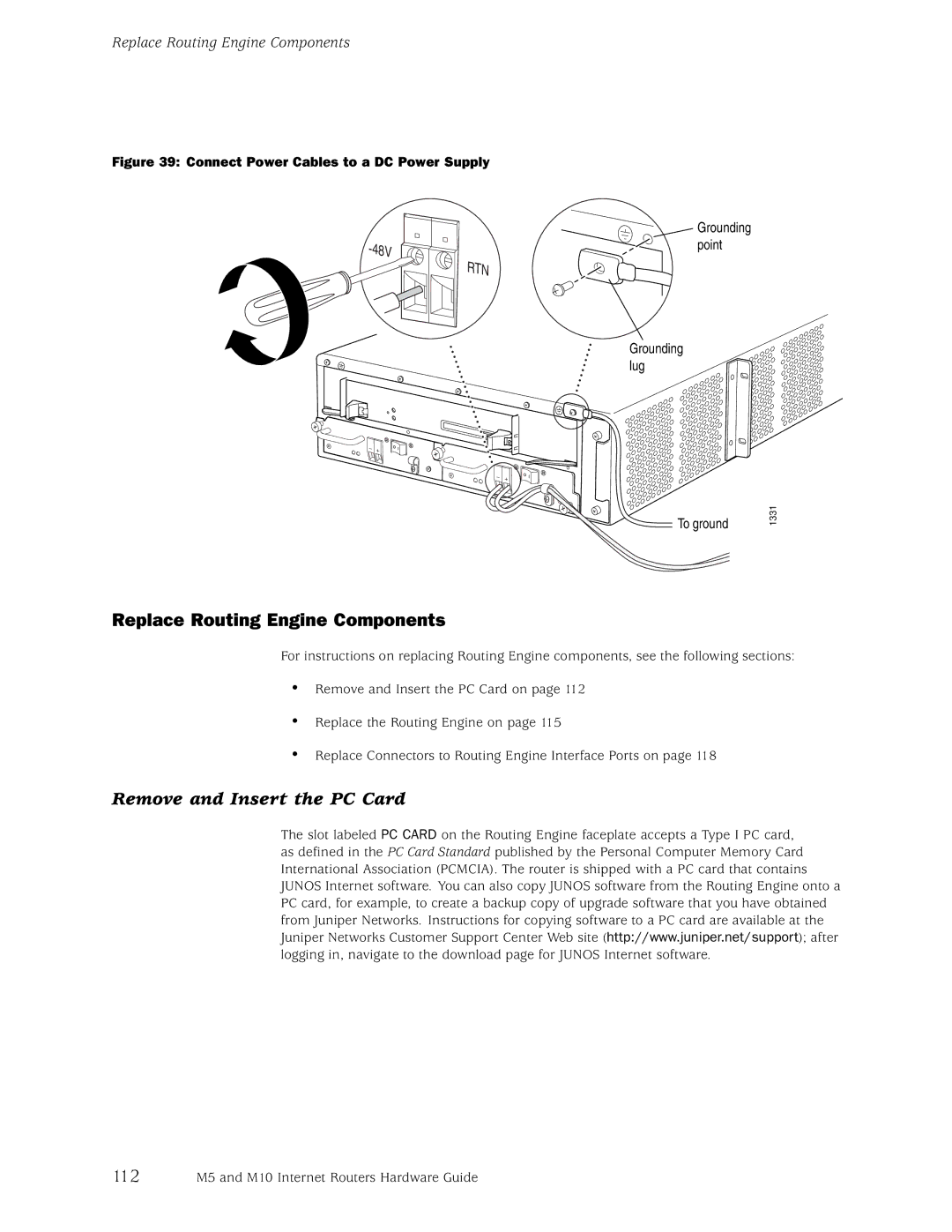 Juniper Networks M10, M5 manual Replace Routing Engine Components, Remove and Insert the PC Card 