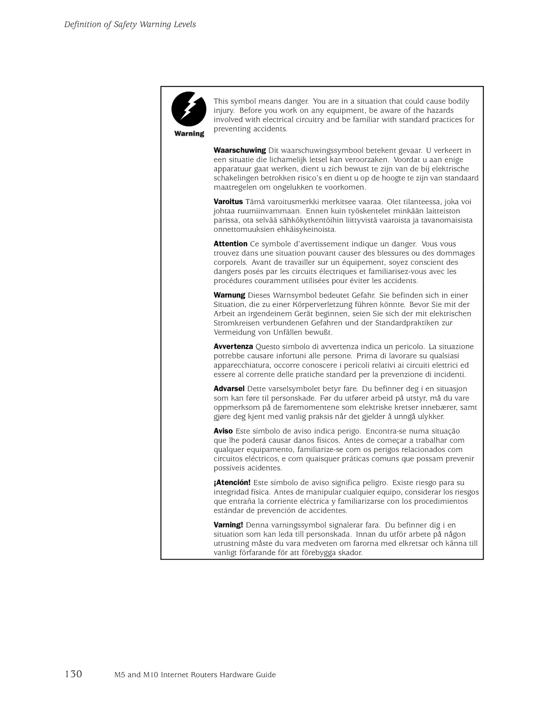 Juniper Networks M10, M5 manual Definition of Safety Warning Levels 