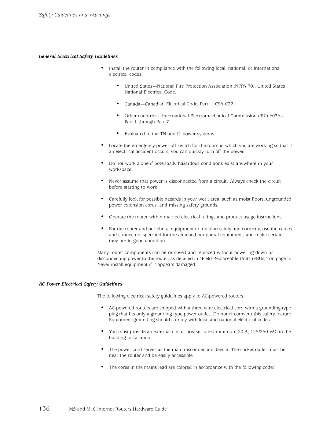 Juniper Networks M10, M5 manual General Electrical Safety Guidelines, AC Power Electrical Safety Guidelines 