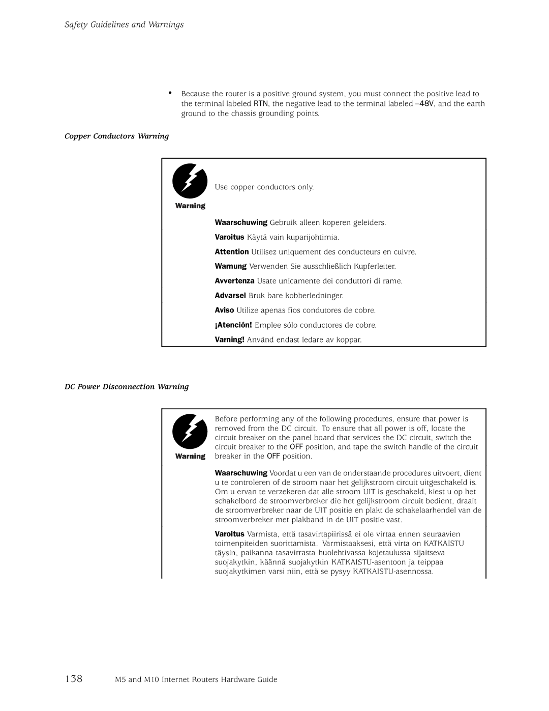 Juniper Networks M10, M5 manual Copper Conductors Warning, DC Power Disconnection Warning 