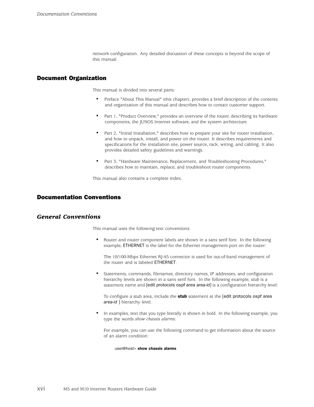 Juniper Networks M10, M5 manual Document Organization, Documentation Conventions, General Conventions 