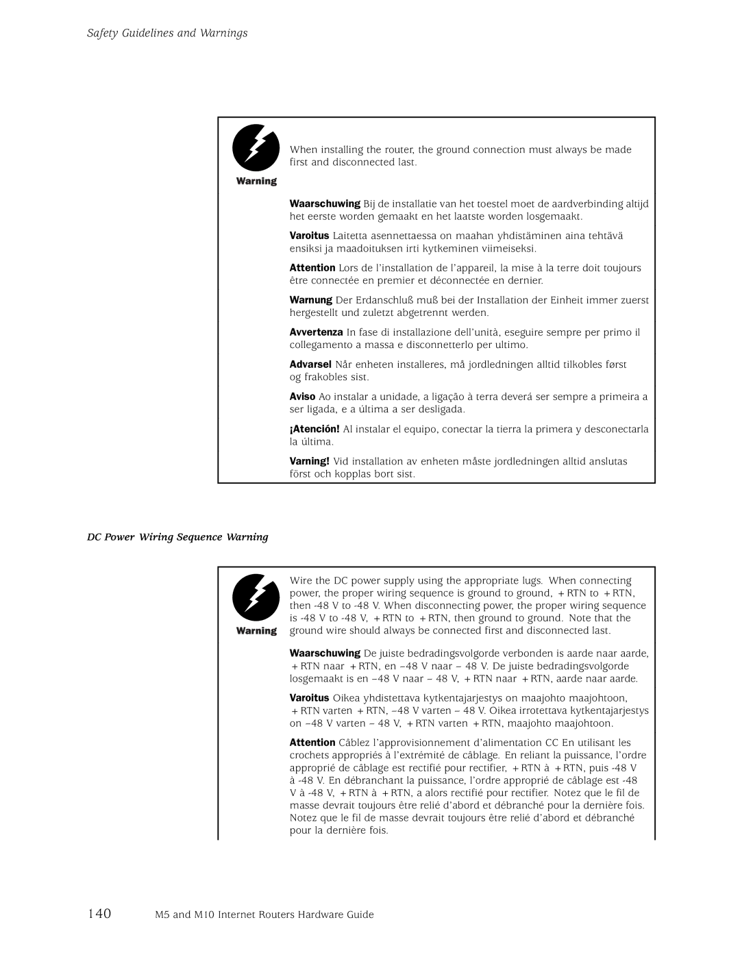 Juniper Networks M10, M5 manual DC Power Wiring Sequence Warning 