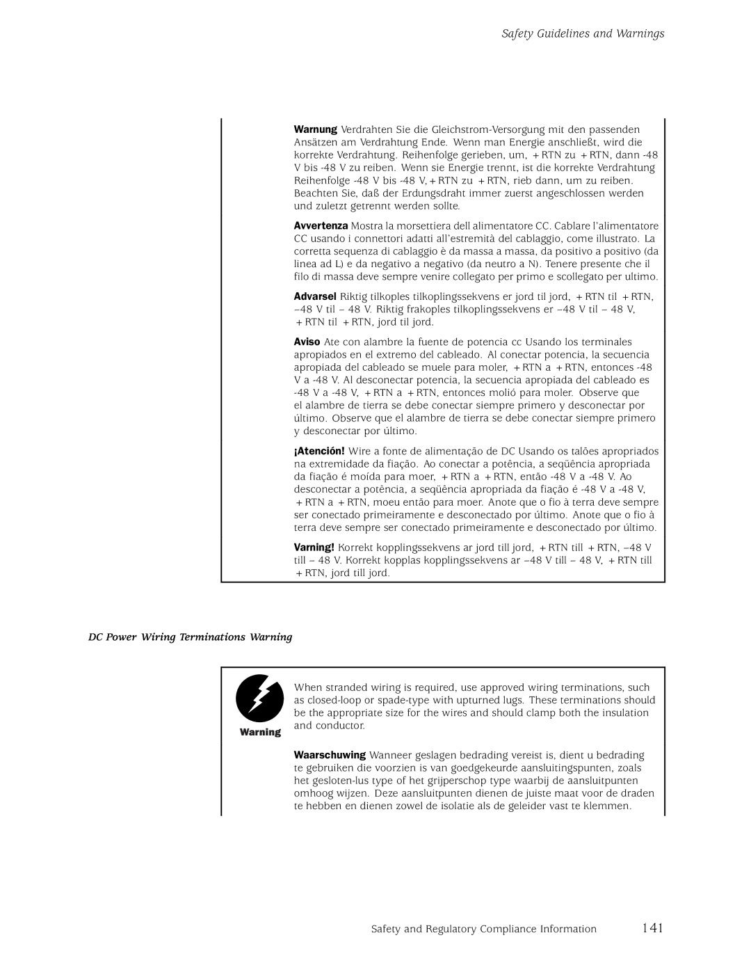 Juniper Networks M5, M10 manual 141, DC Power Wiring Terminations Warning 